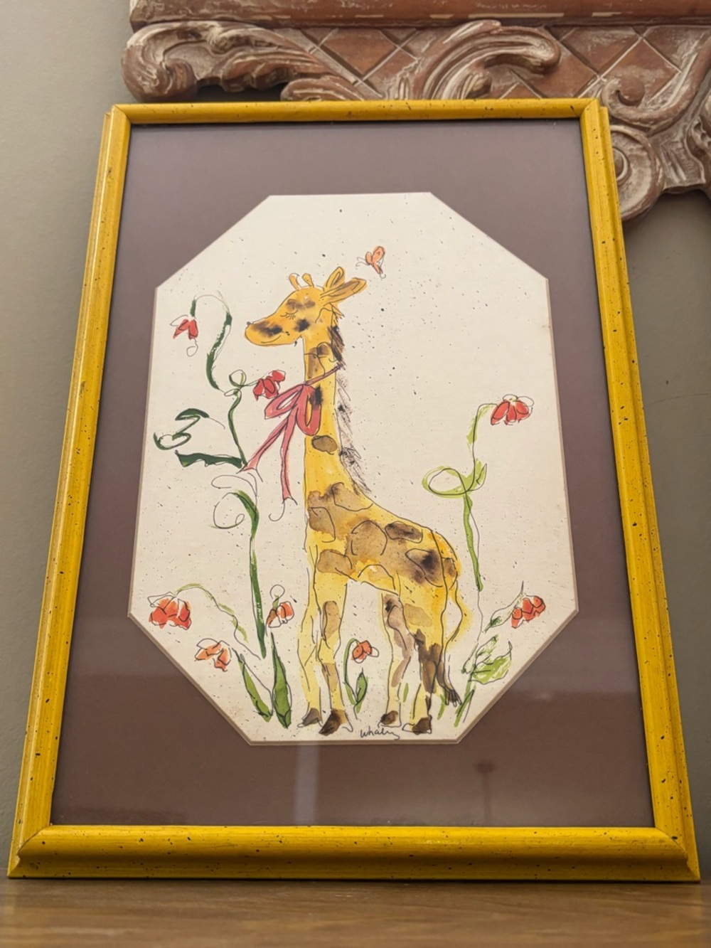 Vintage Giraffe Floral Butterfly Watercolor Painting Jane Whaley 14”x10”